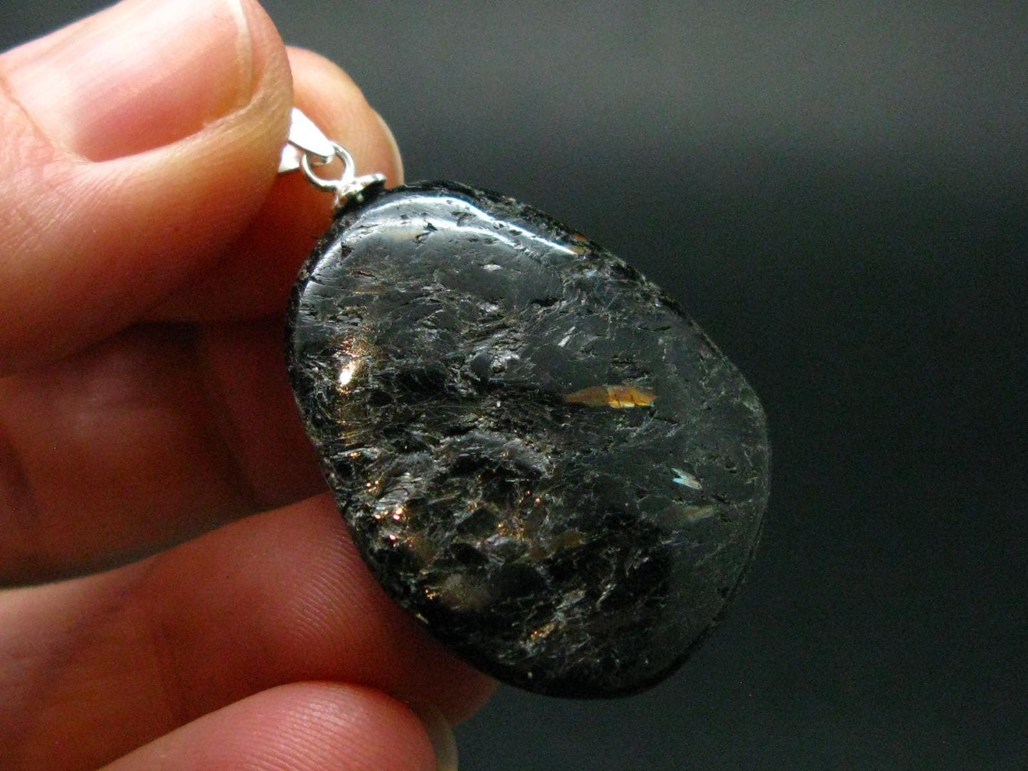 Very Rare Sterling Silver Nuumite Nuummite Pendant From Greenland - 1.4" - 8.84 Grams