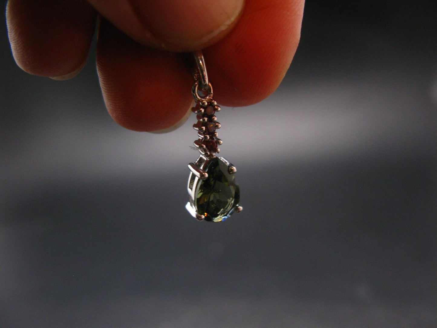 Moldavite Tektite & Red Garnet Silver Pendant from Czech Republic - 0.9"