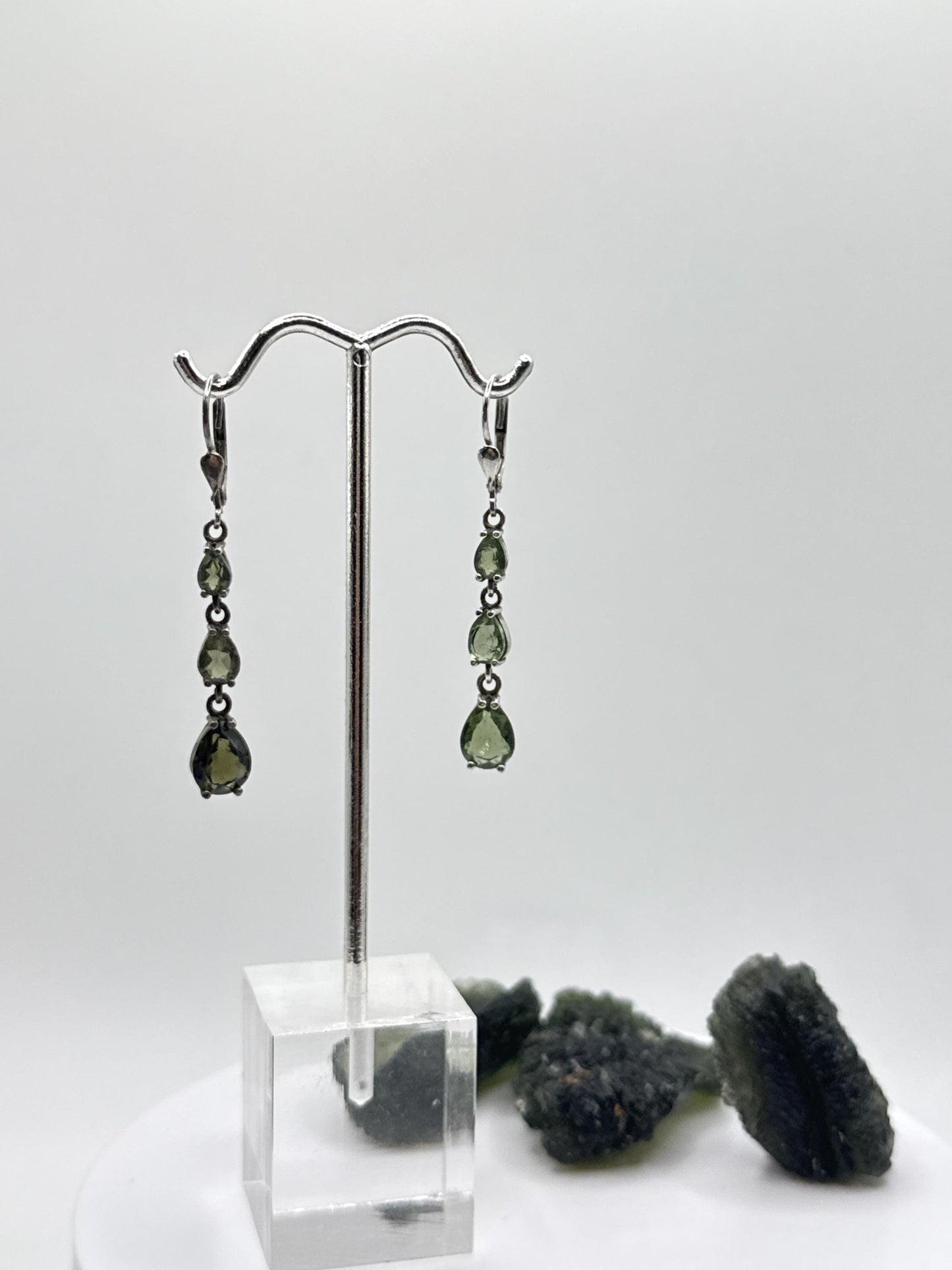Faceted Moldavite Sterling Silver Drop Earrings - Weight 3.93 Grams