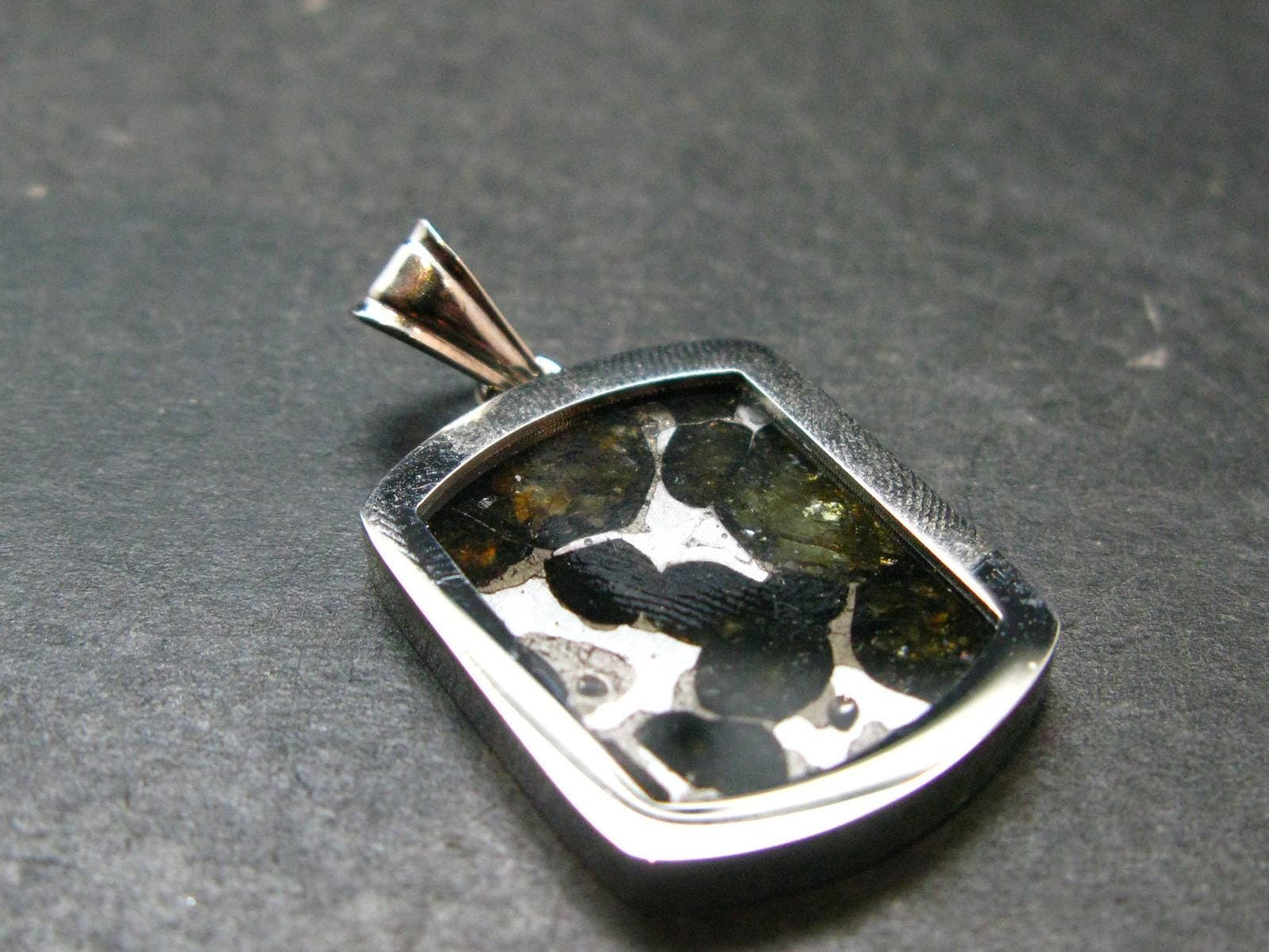 Rare Brahin Meteorite Slice With Olivine Pallasite Silver Pendant from Belarus - 1.2" - 4.36 Grams