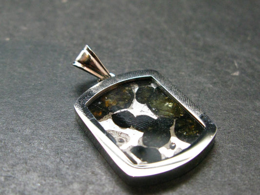 Rare Brahin Meteorite Slice With Olivine Pallasite Silver Pendant from Belarus - 1.2" - 4.36 Grams