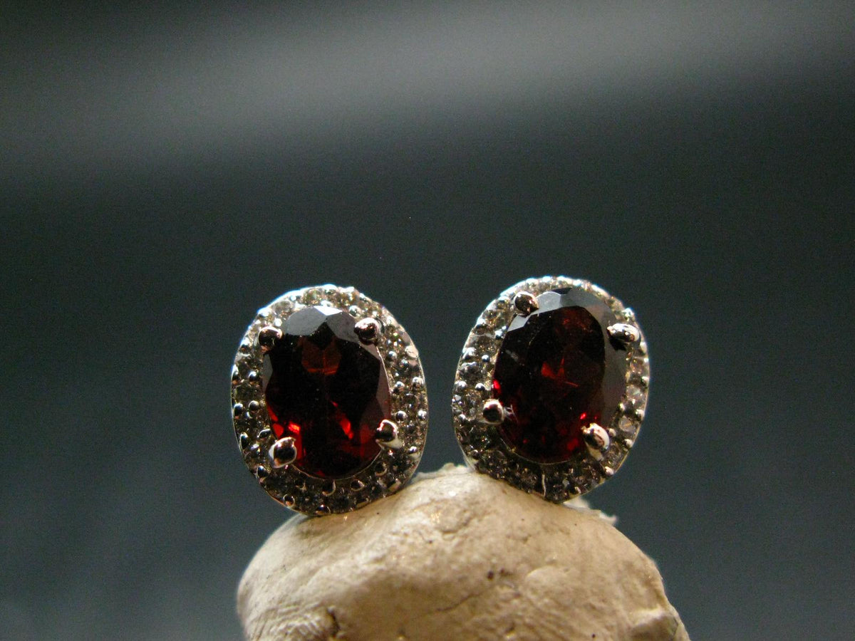 Natural Faceted Red Garnet Almandine Sterling Silver Stud Earrings from India - 2.44 Grams