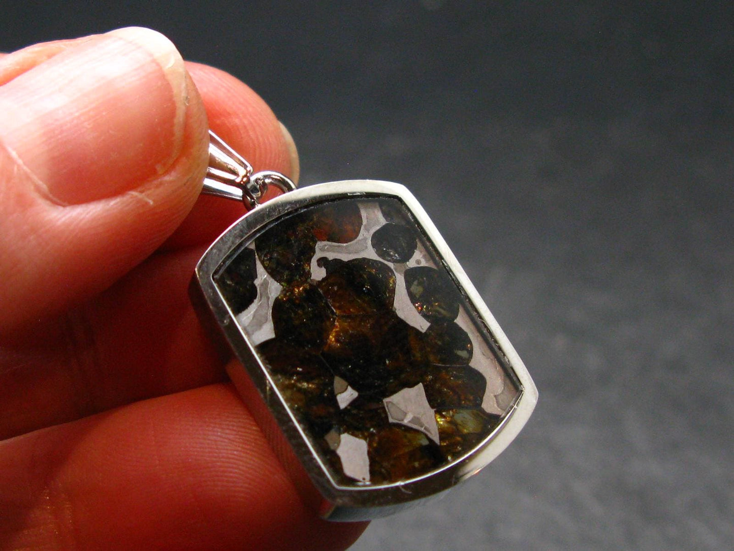 Rare Brahin Meteorite Slice With Olivine Pallasite Silver Pendant from Belarus - 1.3" - 4.48 Grams