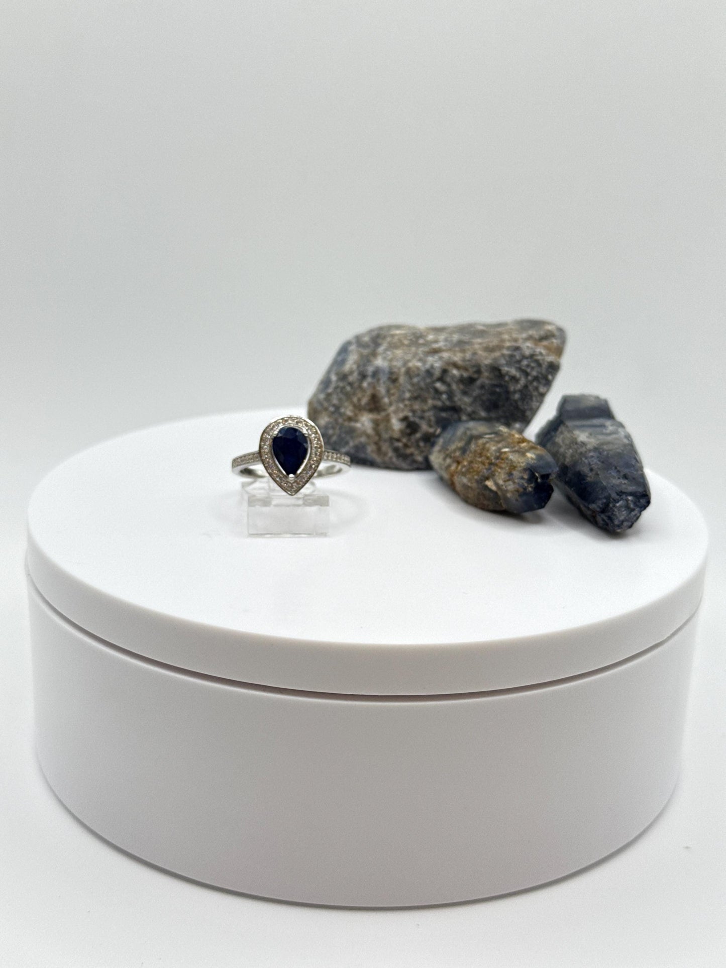 Pear Sapphire Halo Ring | Sterling Silver, September Birthstone (Size 7.5)