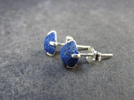 Cute Small Natural Raw Deep Blue Azurite Crystal Stud Earrings In Sterling Silver From Mexico