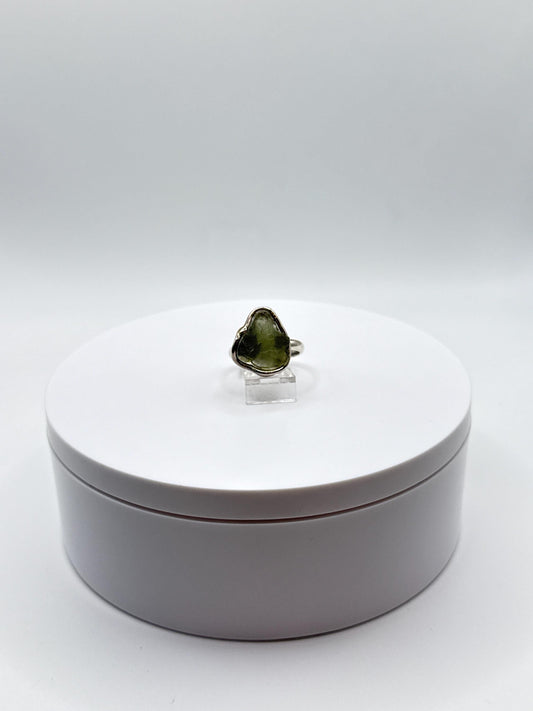Elegant Raw Moldavite Ring in Sterling Silver – Cosmic Green Beauty - Size 8.5