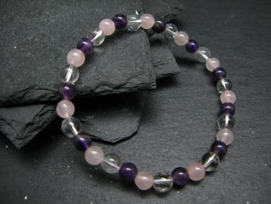 Clear Quartz, Rose Quartz & Amethyst Genuine Bracelet ~ 7 Inches ~ 6mm Round Beads