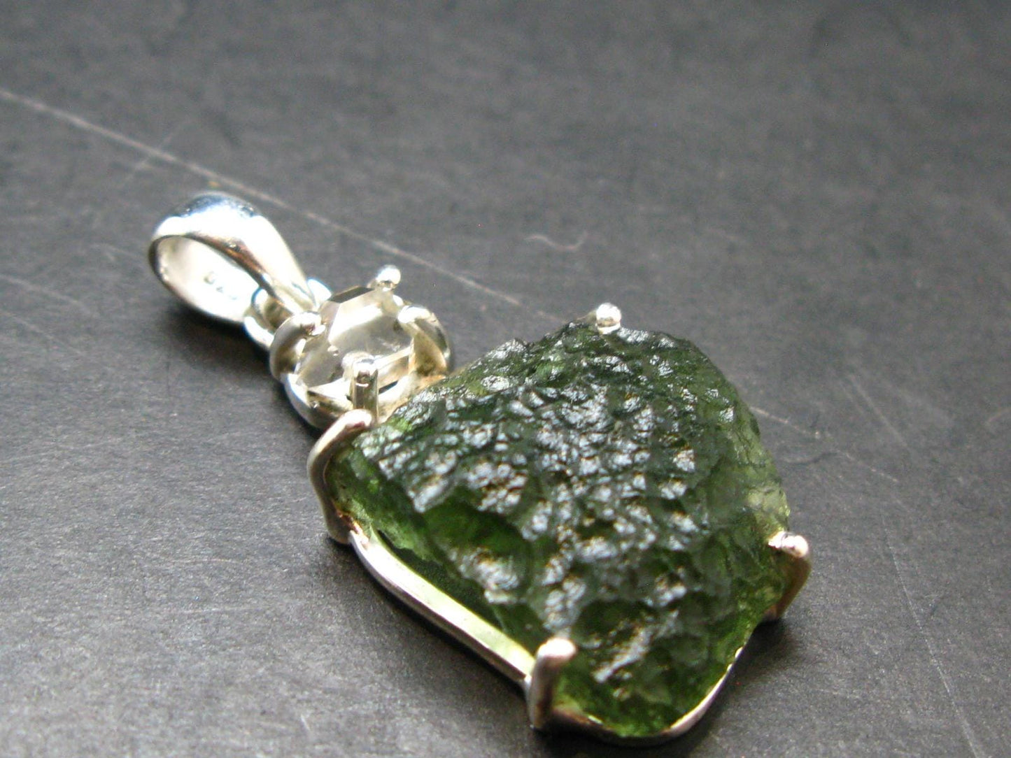 Moldavite & Herkimer Diamond Silver Pendant - 1.5" - 5.8 Grams