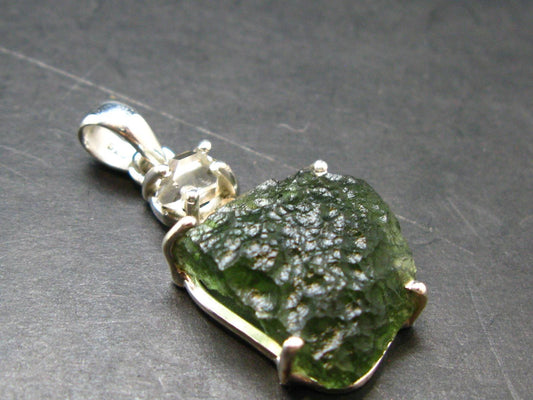 Moldavite & Herkimer Diamond Silver Pendant - 1.5" - 5.8 Grams