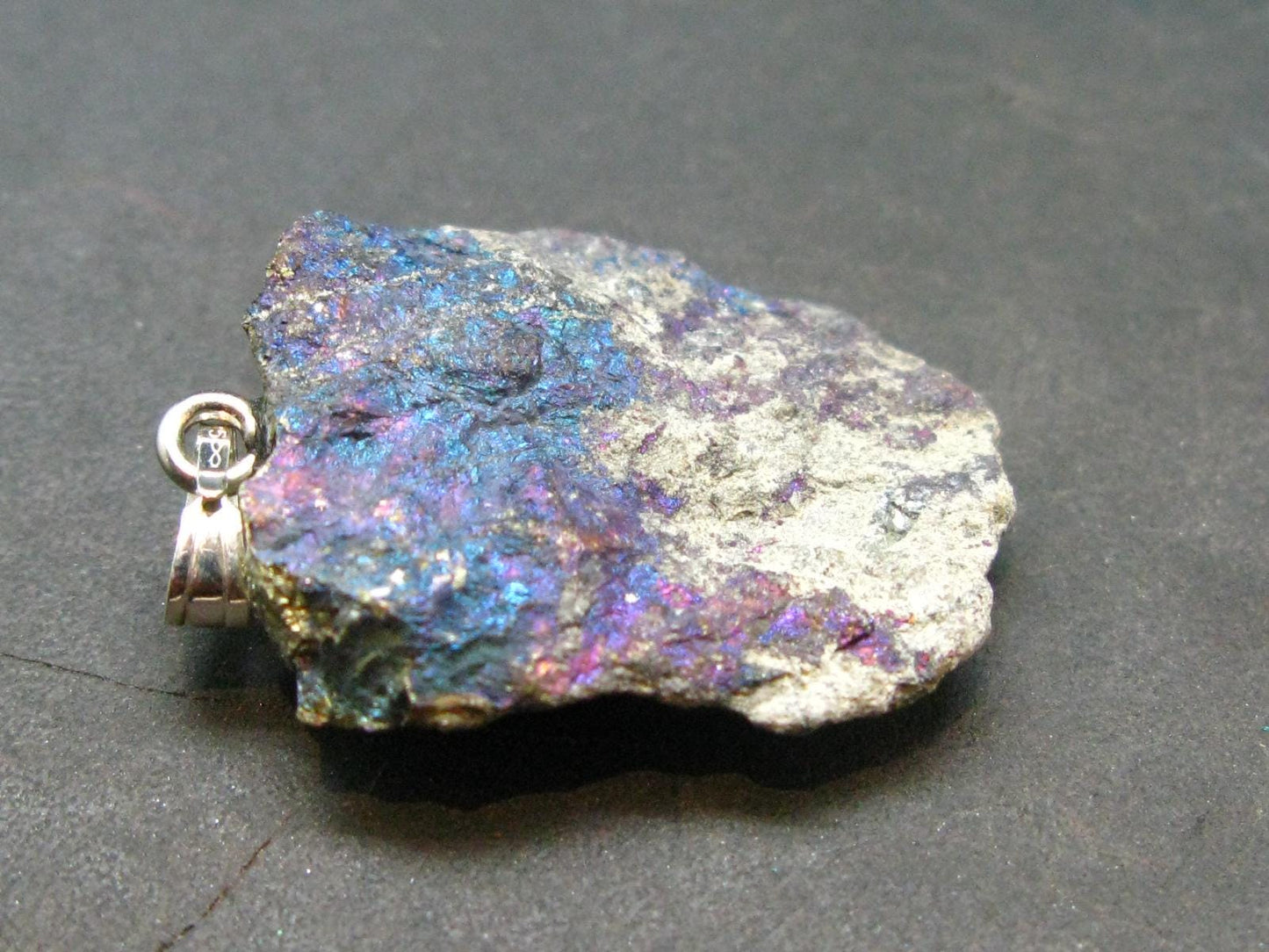 Peacock Ore!! Unusual Natural Raw Chalcopyrite Bornite Silver Pendant from Mexico - 1.4" - 7.72 Grams