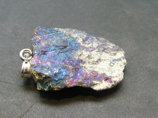 Peacock Ore!! Unusual Natural Raw Chalcopyrite Bornite Silver Pendant from Mexico - 1.4" - 7.72 Grams