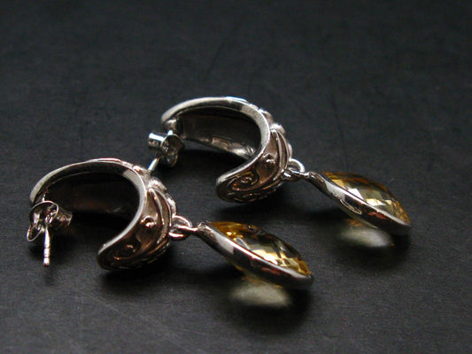 Faceted Golden Yellow Citrine 925 Sterling Silver Drop Earrings - 1.4"