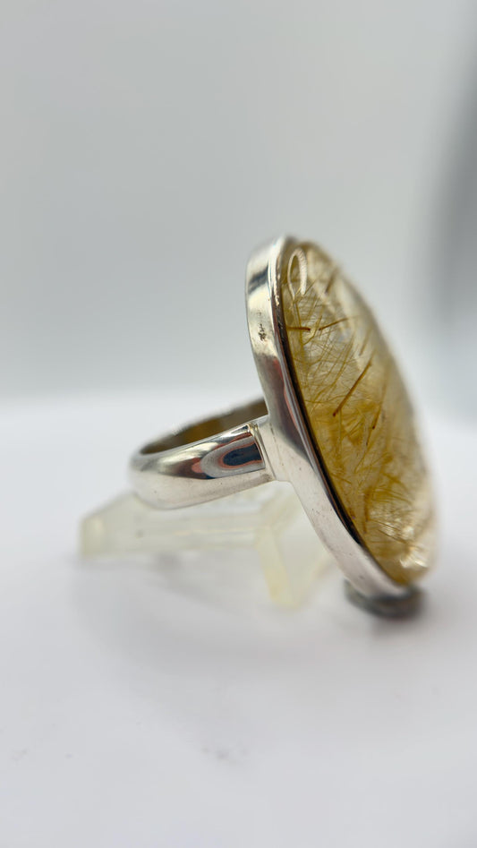 Golden Rutilated Quartz Ring – Oval Rutile Crystal Statement Ring - Size 8