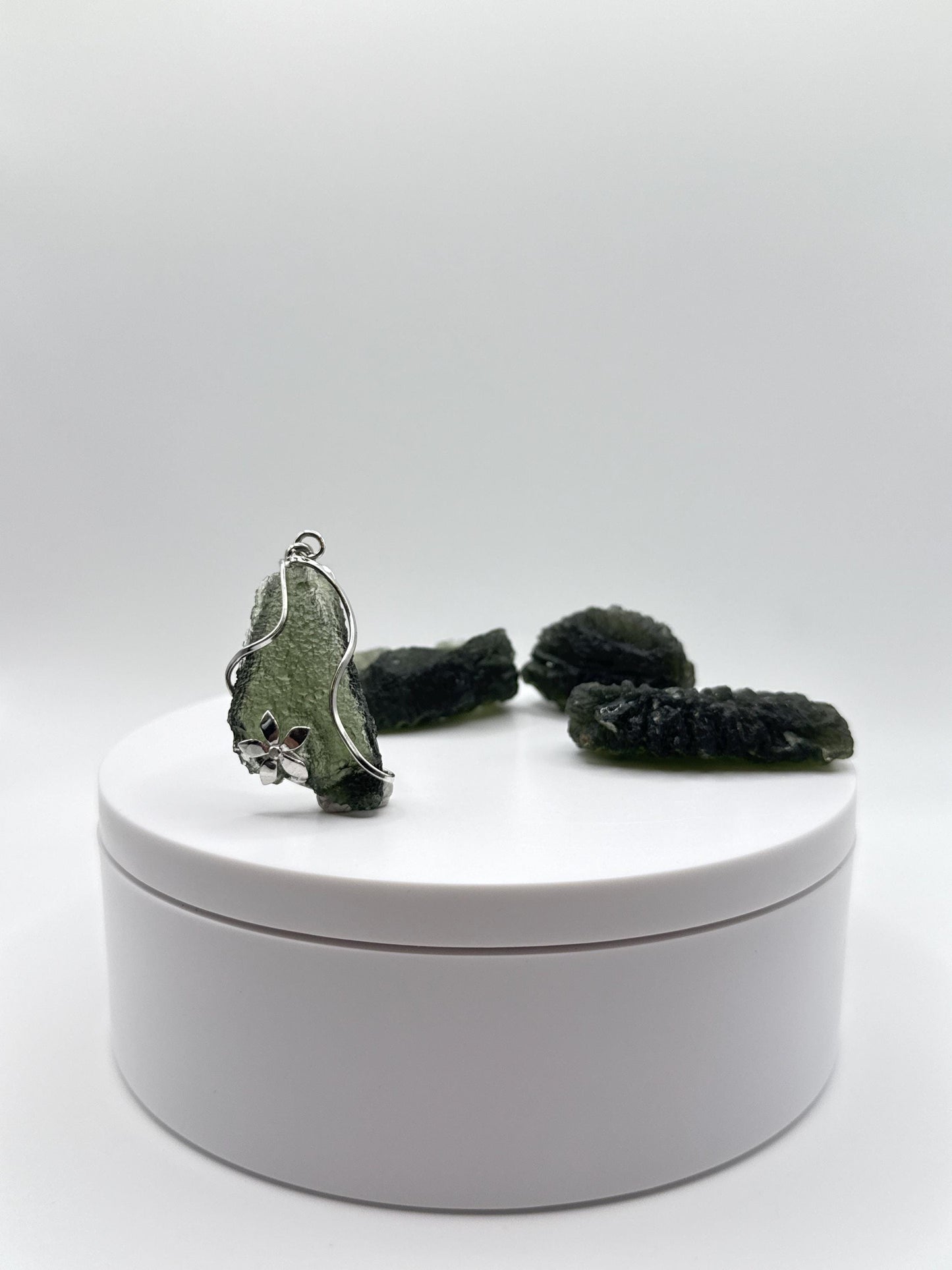 Raw Moldavite Sterling Silver Pendant – Floral Accent - 6.72 Grams