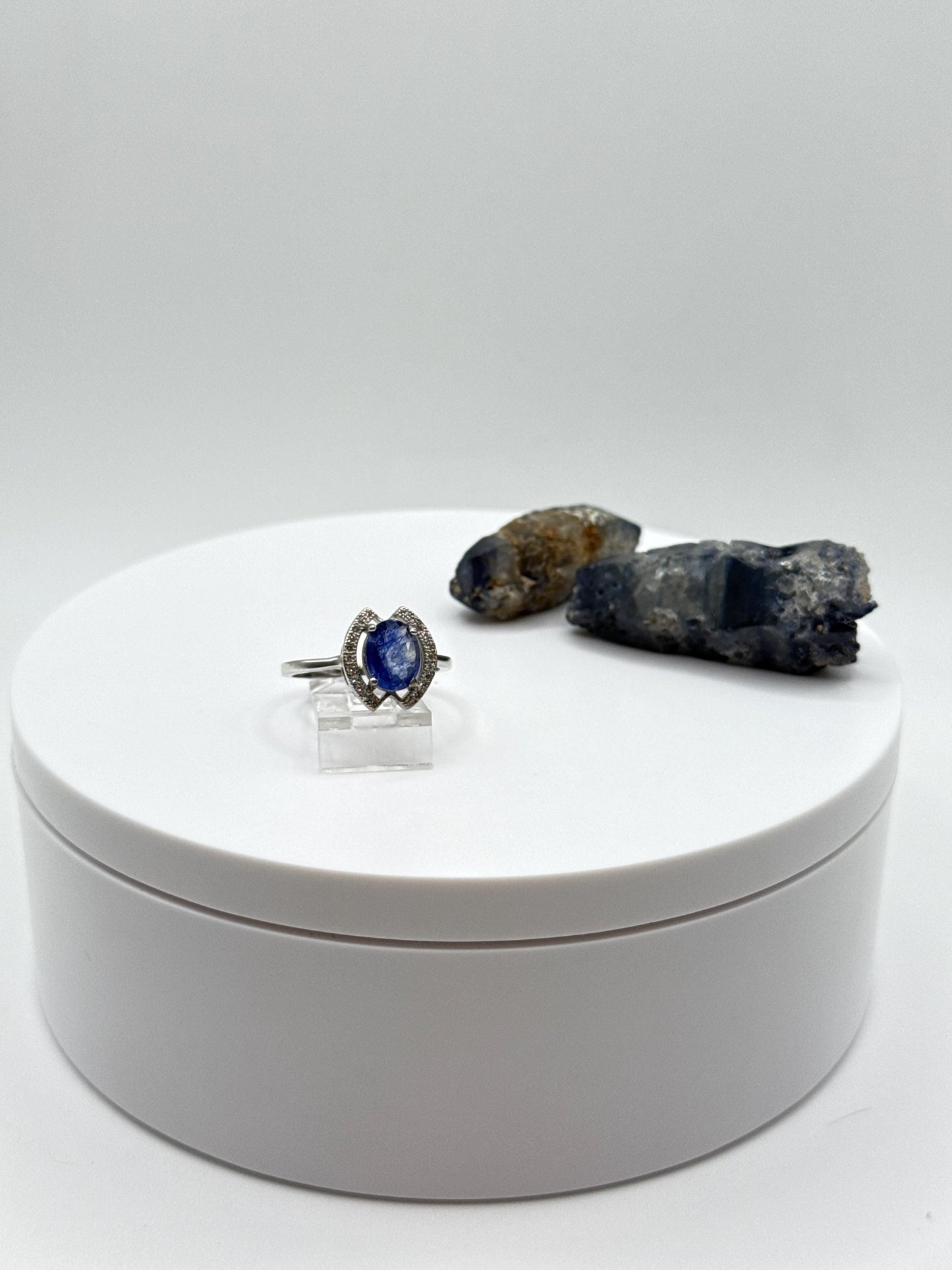 Blue Sapphire Halo Ring: Sterling Silver Statement Jewelry, Size 8.5