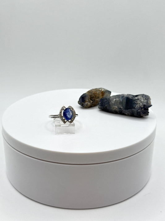 Blue Sapphire Halo Ring: Sterling Silver Statement Jewelry, Size 8.5