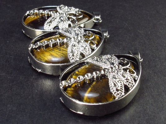 Set of 3 Natural Tiger's - Eye Tiger Eye Pendant with Dragonfly