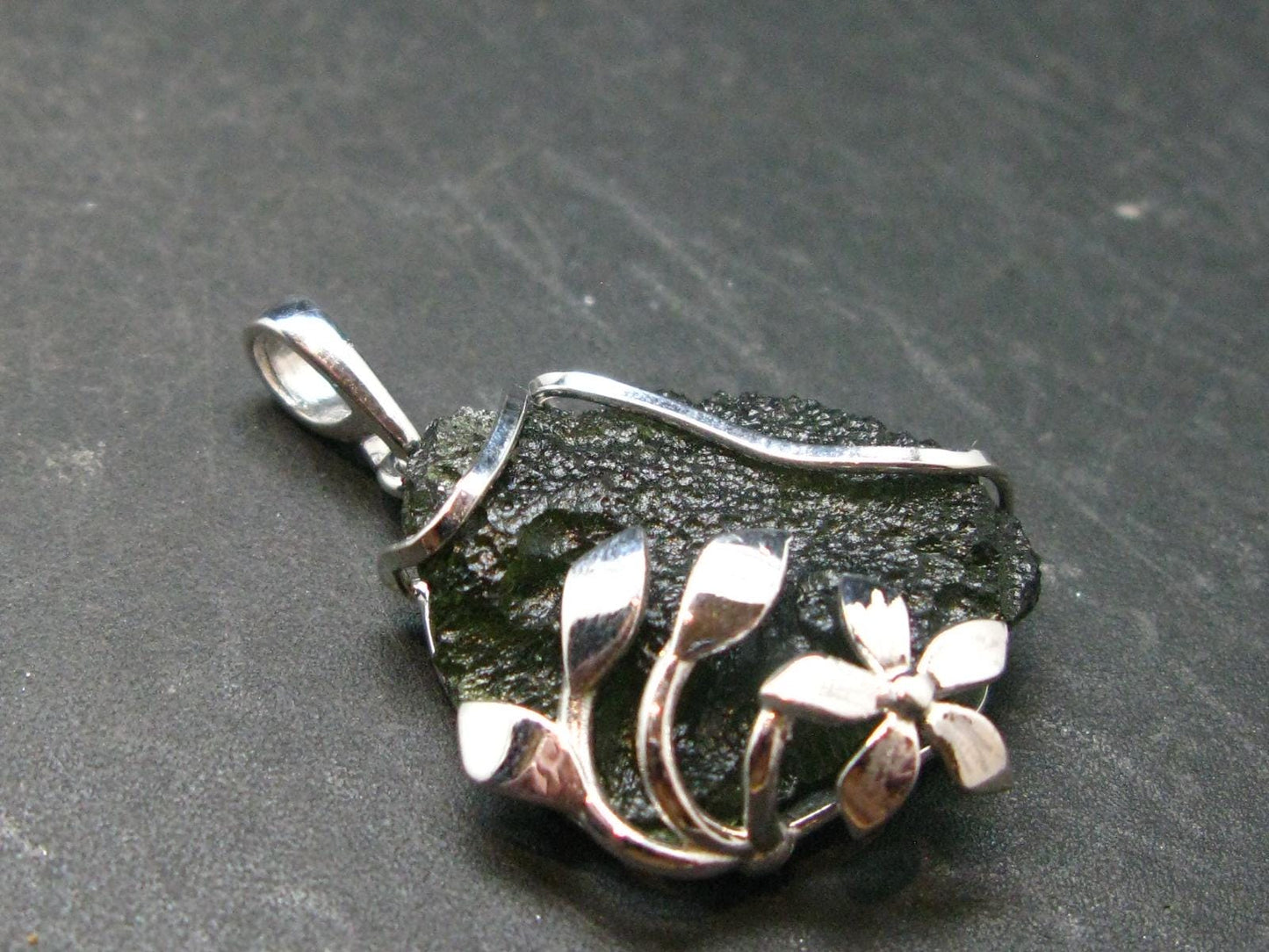 Moldavite Tektite Silver Clover Pendant from Czech Republic - 1.4" - 6.64 Grams