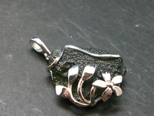 Moldavite Tektite Silver Clover Pendant from Czech Republic - 1.4" - 6.64 Grams
