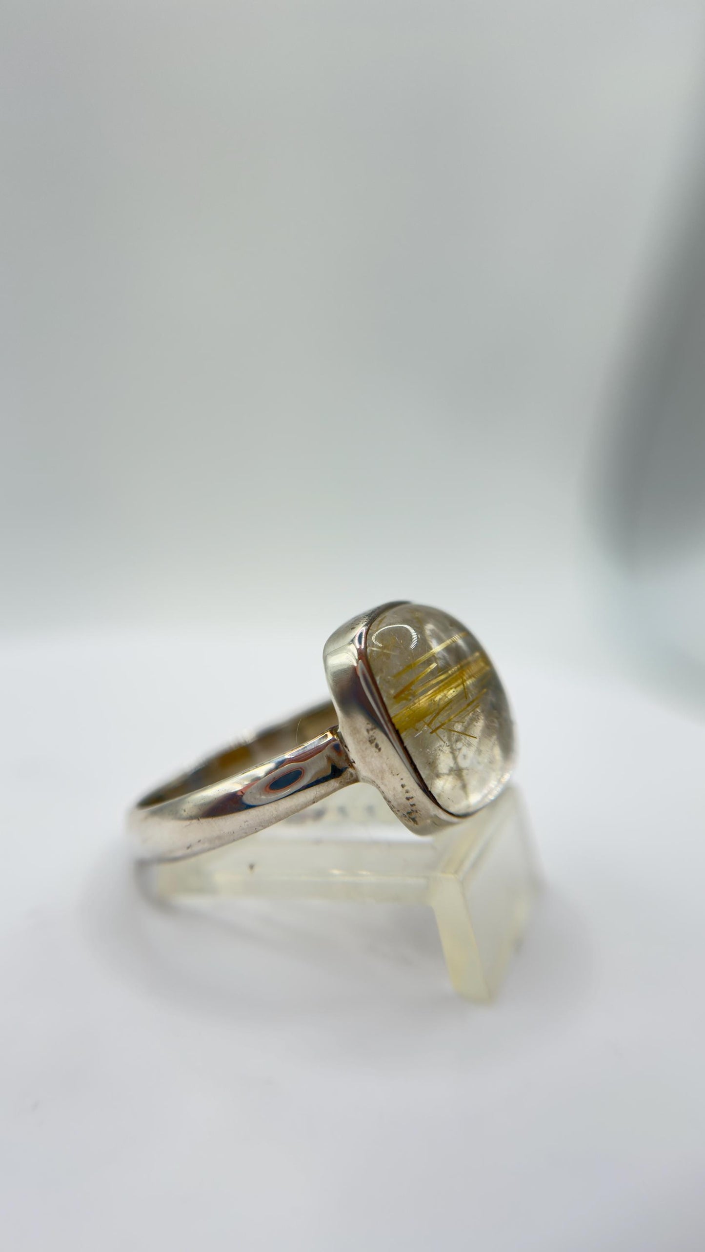 Golden Rutilated Quartz Ring – Cushion Cut Rutile Crystal Statement Ring - Size 11