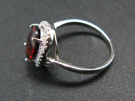 Natural Faceted Red Garnet Rhodium Plated Sterling Silver Ring with CZ - Size 5.5
