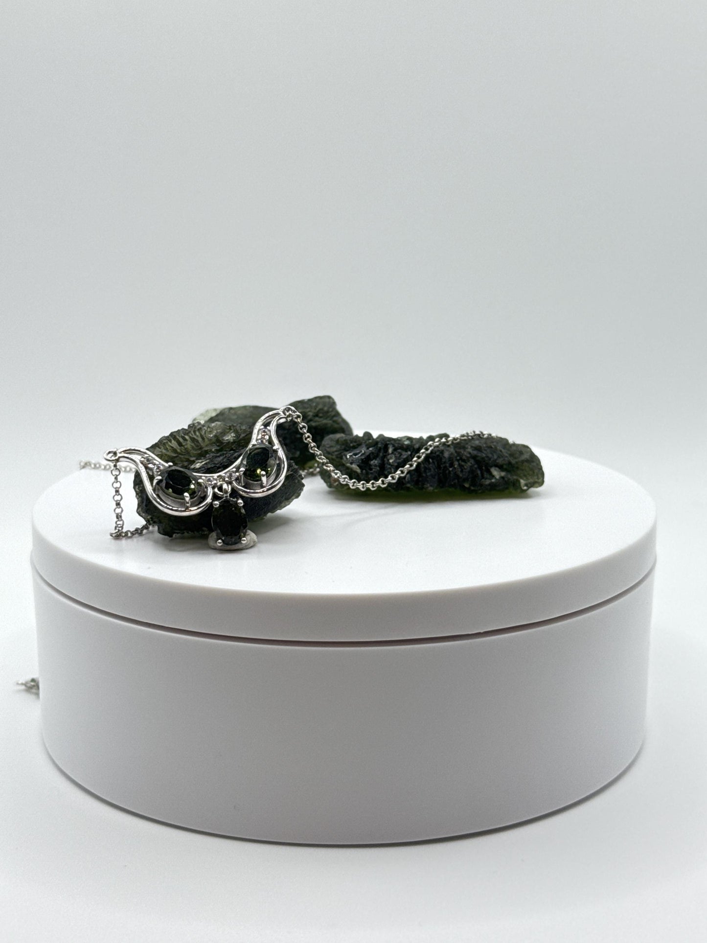 Sterling Silver Moldavite Necklace – Triple Oval-Cut Gemstones - 6.28 Grams