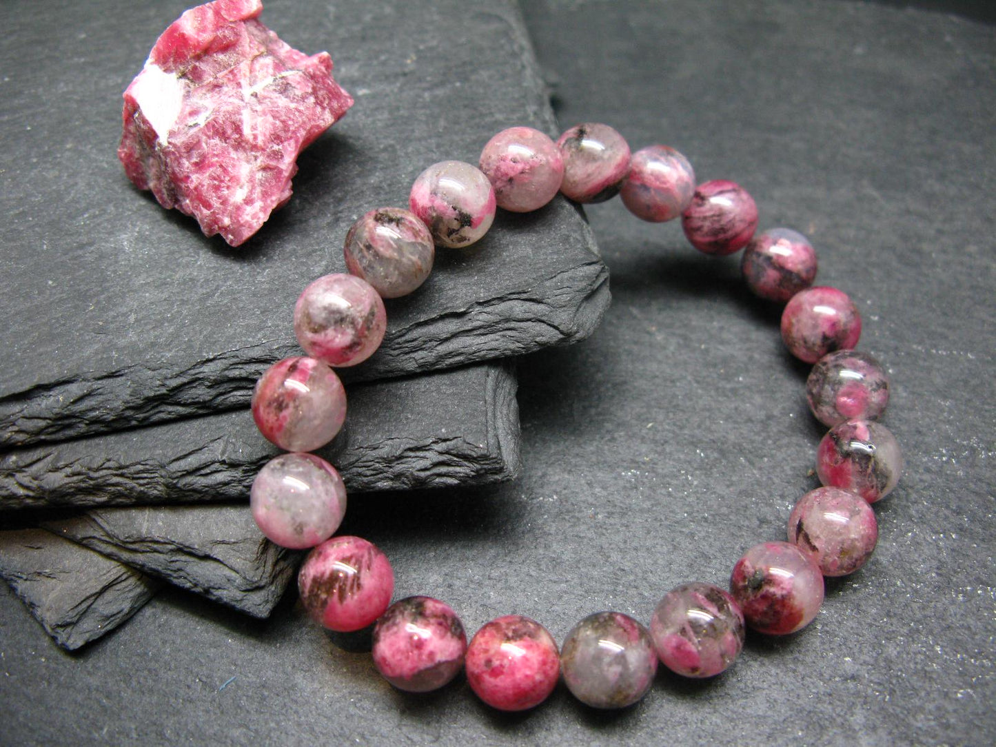 Rhodonite in Quartz Genuine Bracelet ~ 7 Inches ~ 10mm Round Beads
