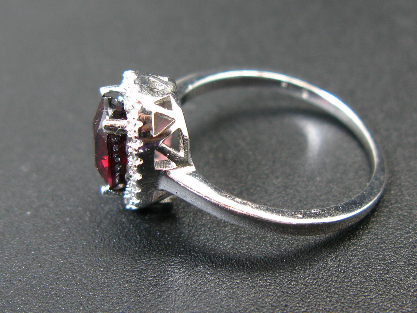 Natural Faceted Red Garnet Rhodium Plated Sterling Silver Ring with CZ - Size 6.5