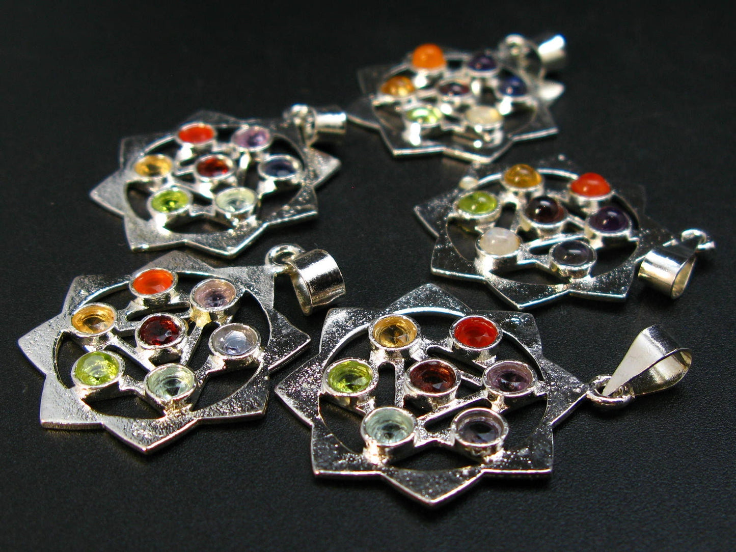 Set of Five 7 Chakra Balancing Natural Multicolor Gems Mandala Pendant