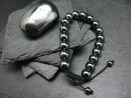 Hematite Genuine Bracelet ~ 7 Inches ~ 10mm Round Beads - w/ Drawstring