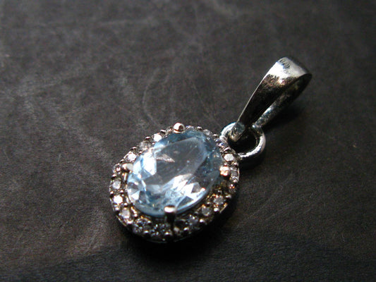 Elegant Genuine Solitaire Sky Blue Topaz Sterling Silver Pendant with CZ From Brazil - 0.7" - 1.44 Grams