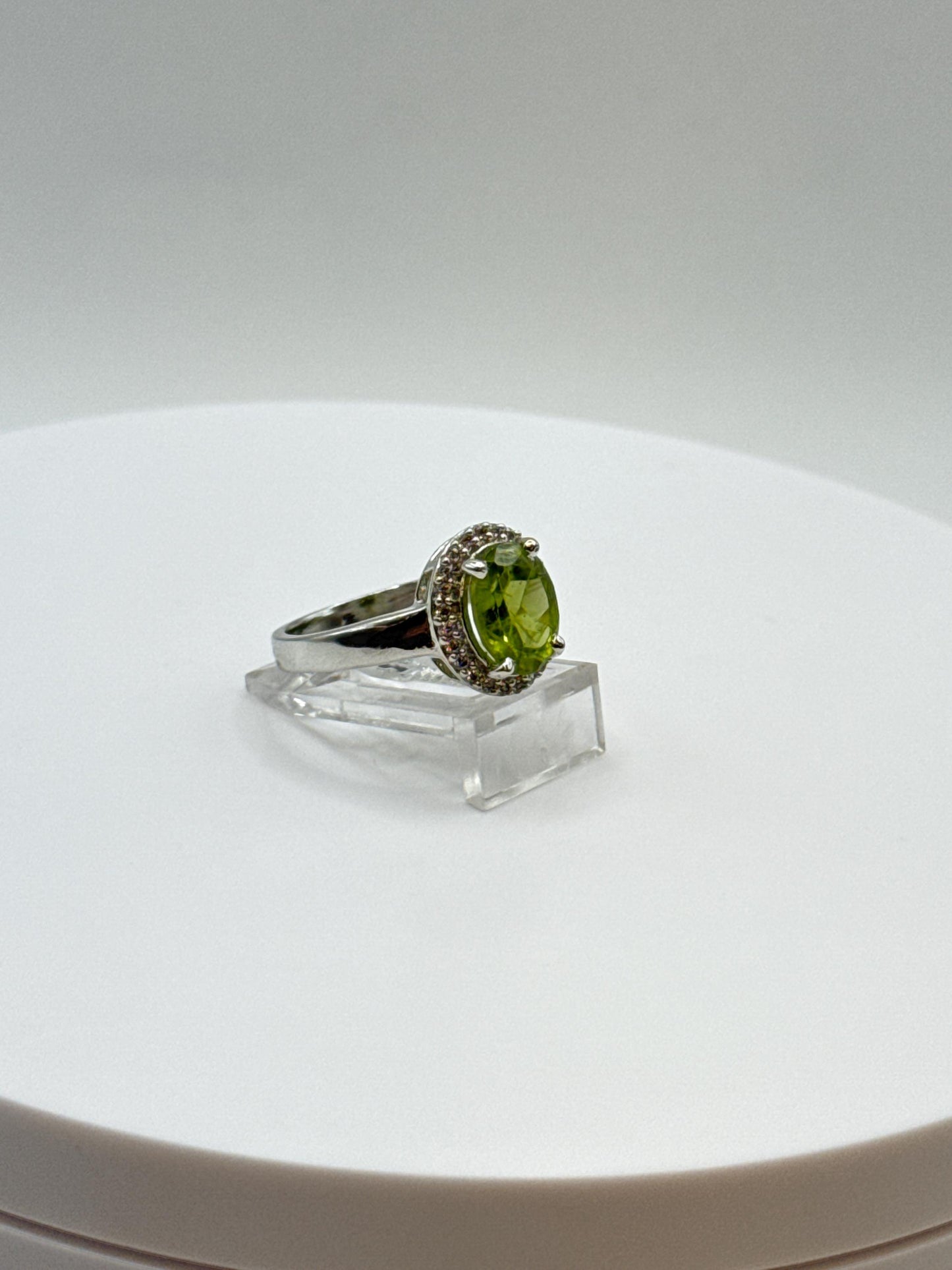 Oval Peridot Halo Ring | Sterling Silver, August Birthstone - Size 6