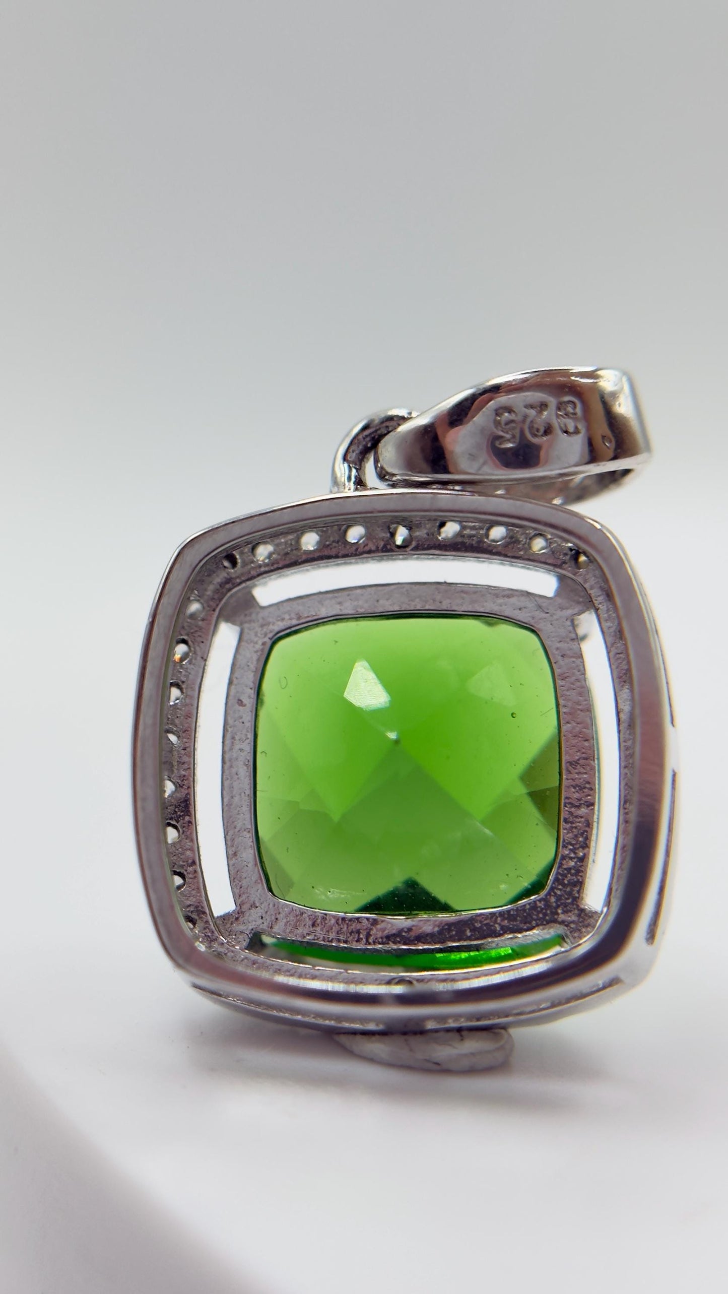 Green Helenite Cushion Cut Halo Pendant – Sterling Silver Statement Gemstone Necklace Pendant