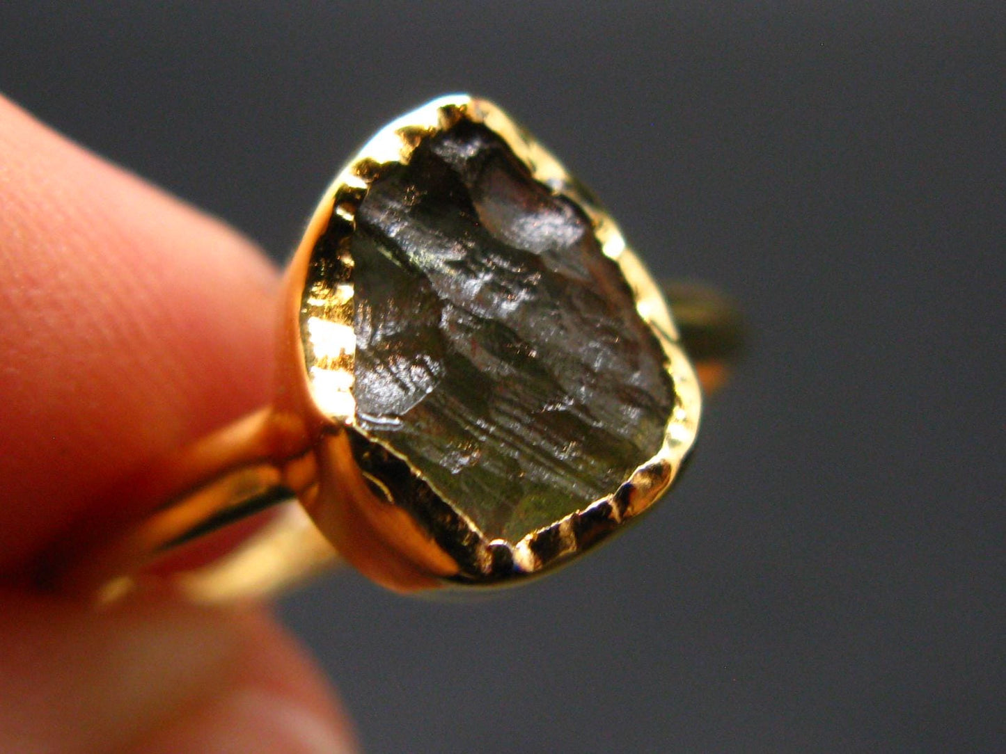 Moldavite Gold Plated Silver Ring - Size 7 - 1.19 Grams