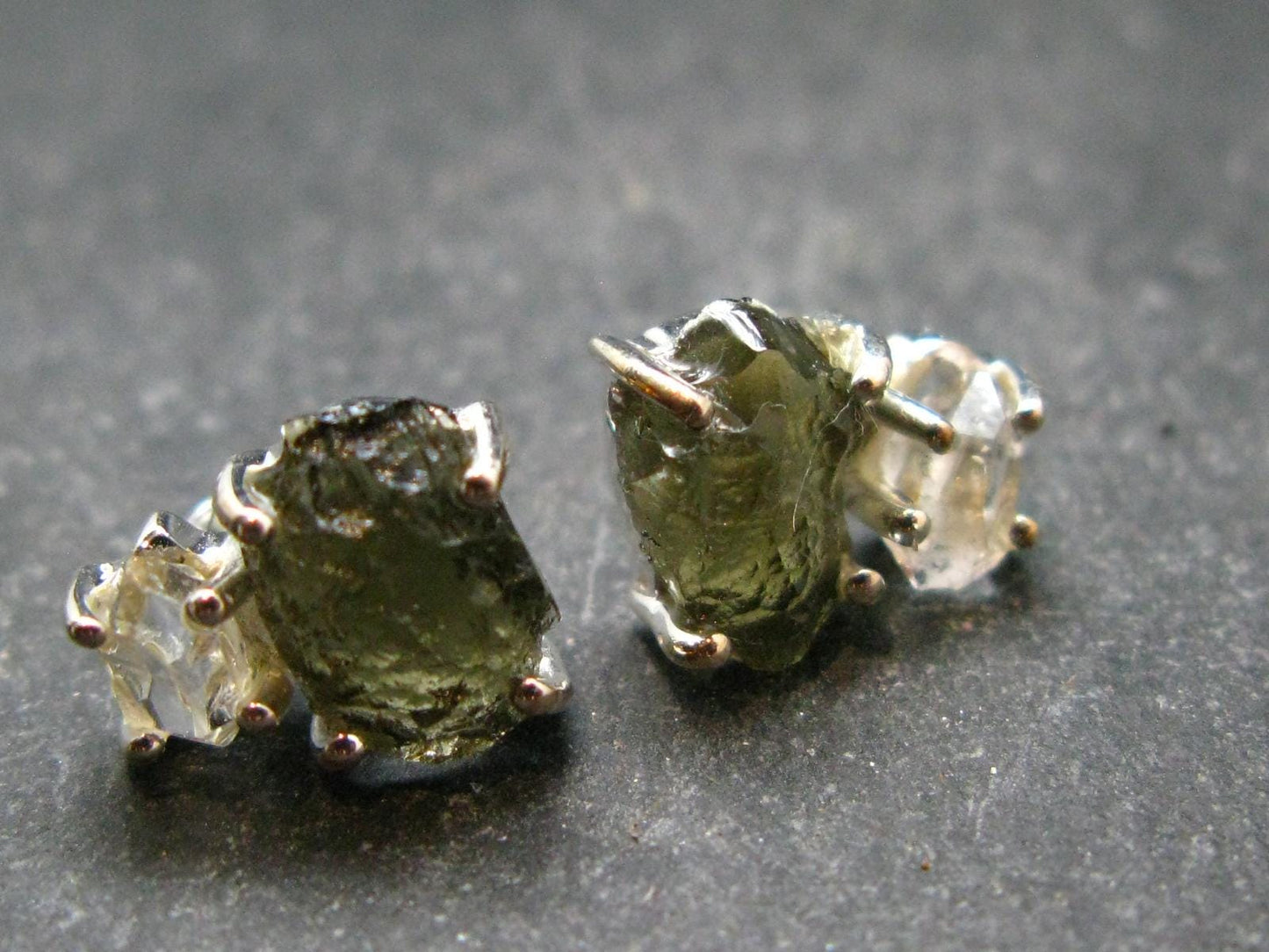 Moldavite & Herkimer Diamond Silver Stud Earrings - 0.7" - 2.29 Grams