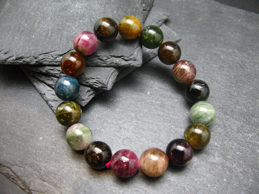 Gem Watermelon Bicolor Tourmaline Genuine Bracelet ~ 7.5 Inches ~ 13mm Round Beads