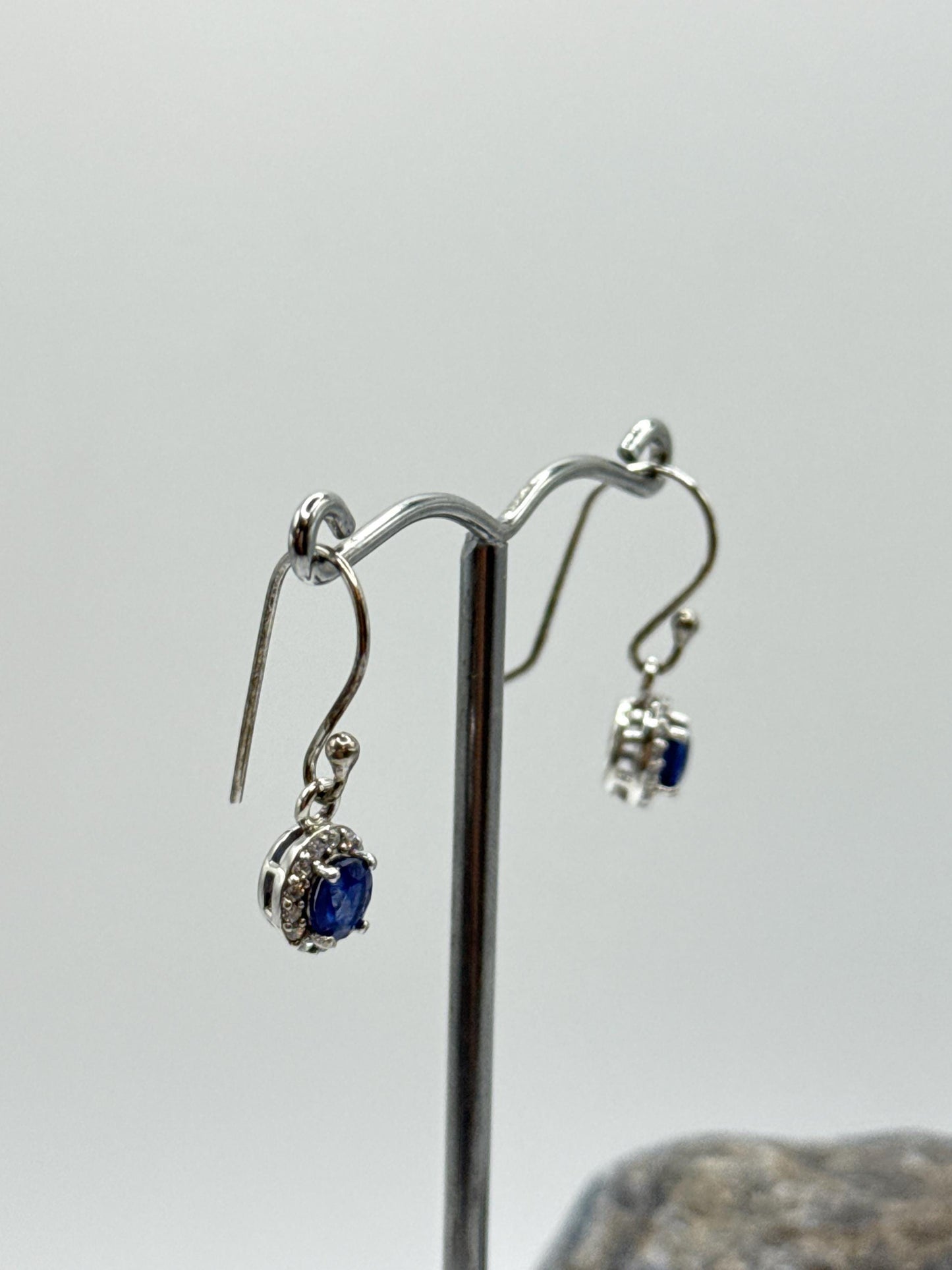 Sapphire Halo Dangle Earrings | Natural Blue Sapphire Drop Earrings | Sterling Silver Earrings | September Birthstone - Weight 2.04 Grams