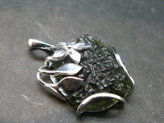 Large Gem Moldavite Tektite SS Pendant From Czech Republic - 6.44 Grams - 1.3"