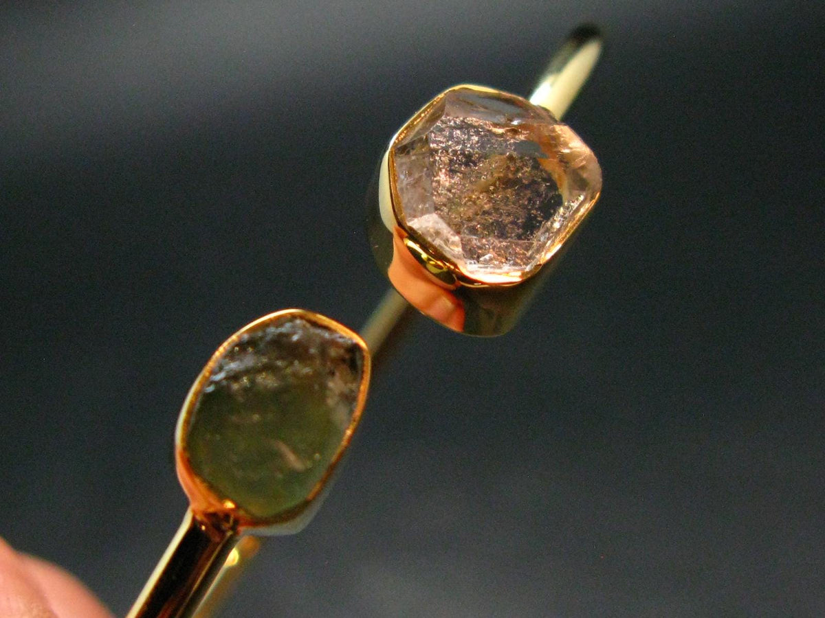 Herkimer Diamond & Moldavite Gold Plated Silver Twister Bracelet - Size Adjustable - 6.07 Grams