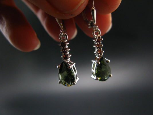 Moldavite Tektite & Red Garnet Silver Earrings from Czech Republic - 2.62 Grams