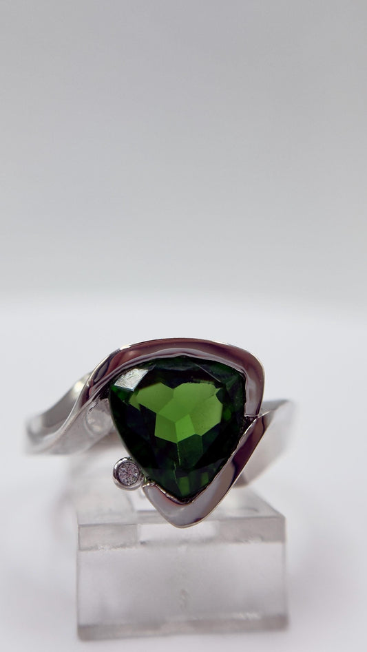 Green Helenite Trillion Ring – Sterling Silver Modern Gemstone Statement Ring
