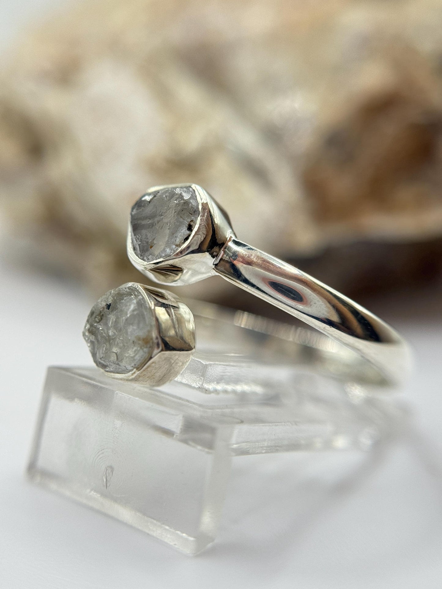 Raw Herderite Double Stone Sterling Silver Wrap Ring - SIZE 9