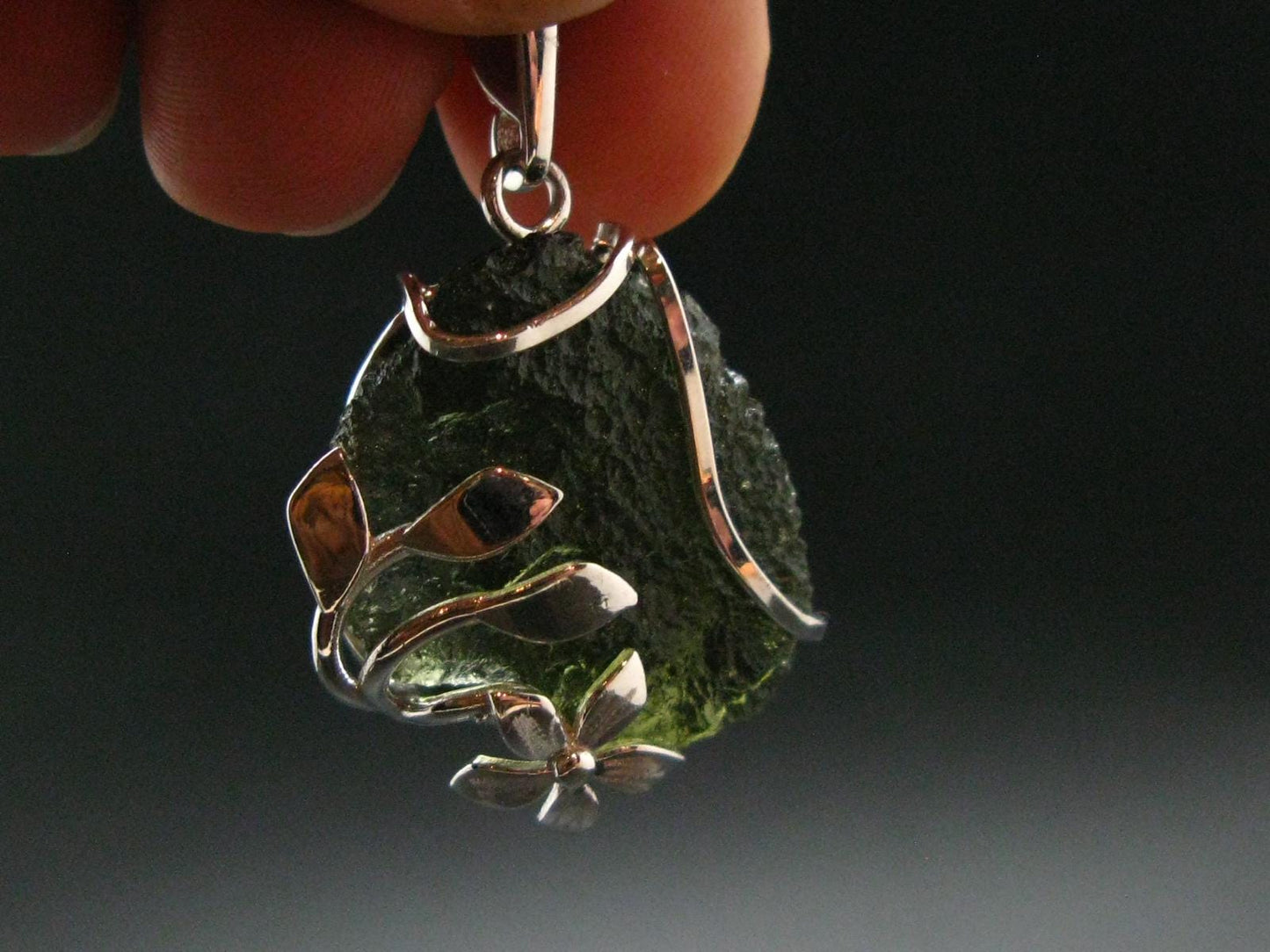 Moldavite Tektite Silver Clover Pendant from Czech Republic - 1.4" - 6.64 Grams