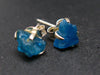 Natural Raw Gemmy Neon Blue Apatite Stud Earrings In Sterling Silver From Madagascar - 0.6"