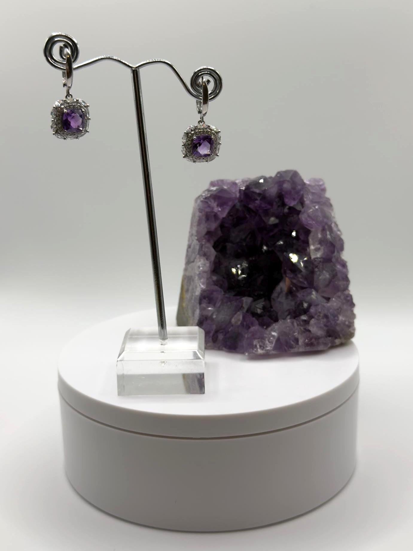 Square Amethyst Drop Earrings with Halo – Elegant Purple Crystal Dangles in Sterling Silver - Weight 5.83 Grams
