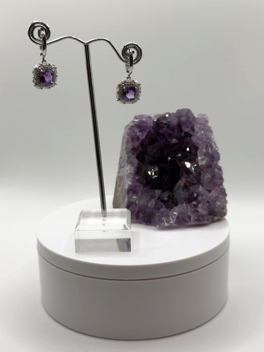 Square Amethyst Drop Earrings with Halo – Elegant Purple Crystal Dangles in Sterling Silver - Weight 5.83 Grams