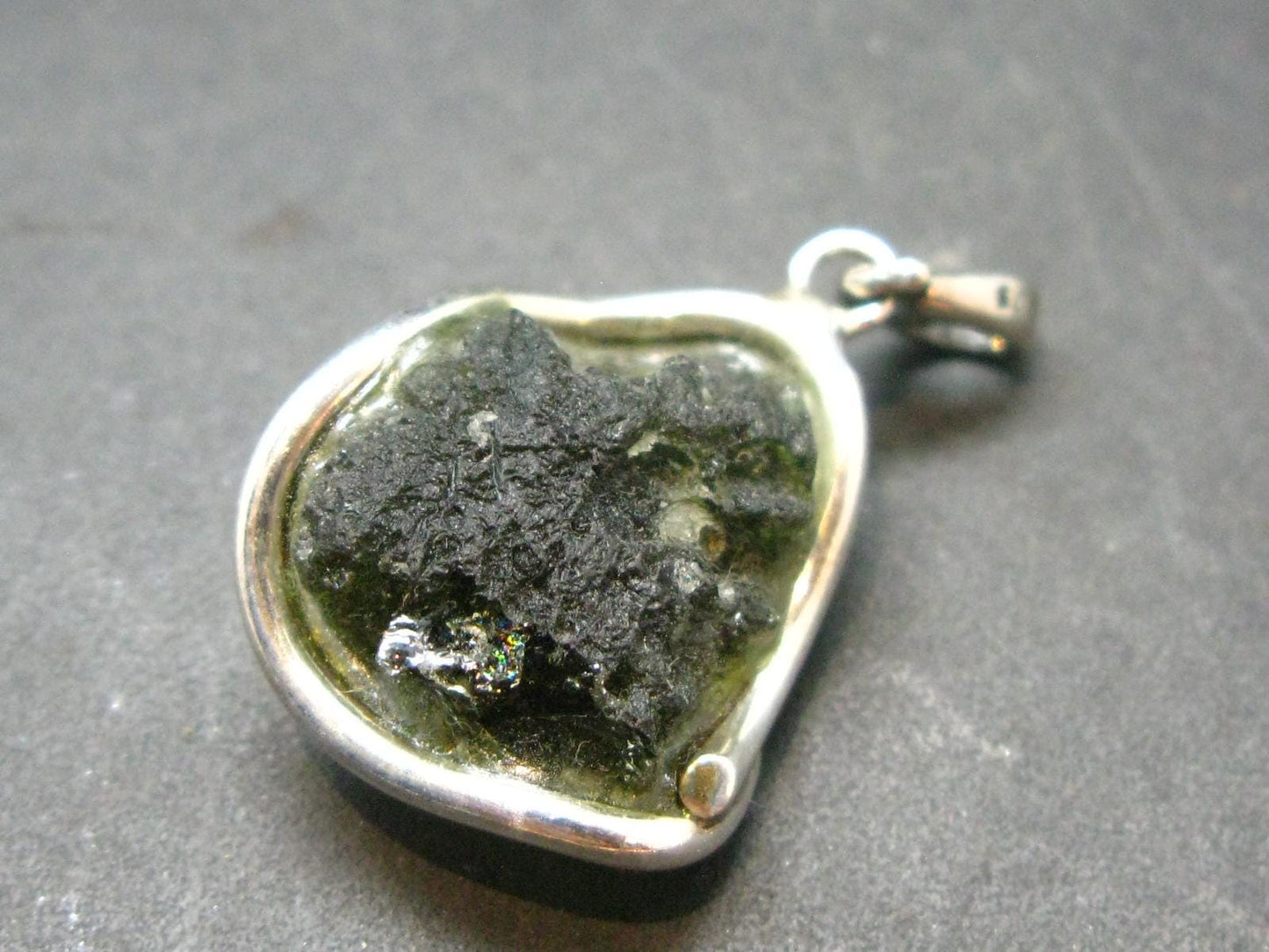 Moldavite Tektite Silver Clover Pendant from Czech Republic - 1.2" - 5.4 Grams