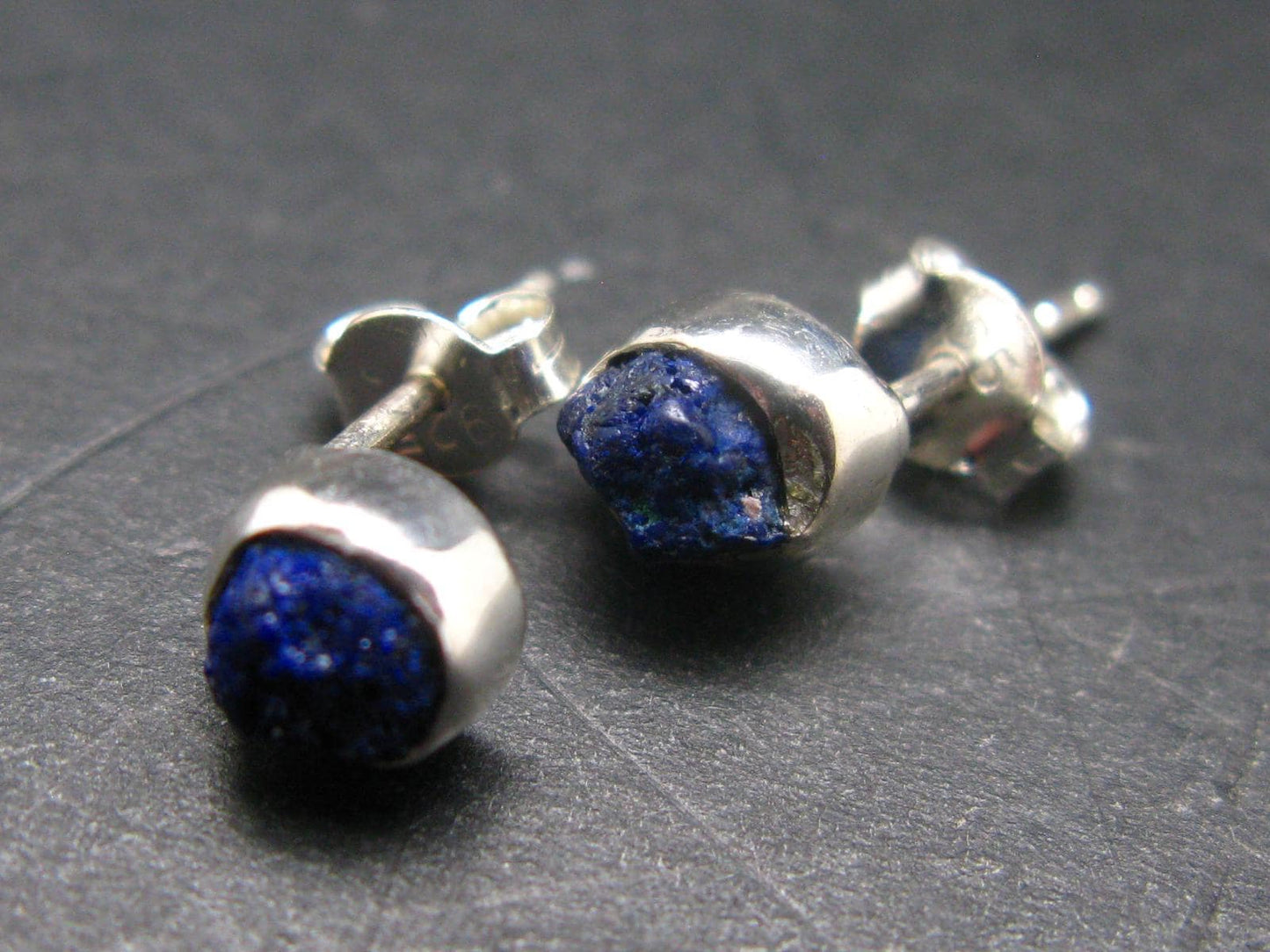 Deep Blue Azurite Crystal Stud Earrings In Sterling Silver From Mexico