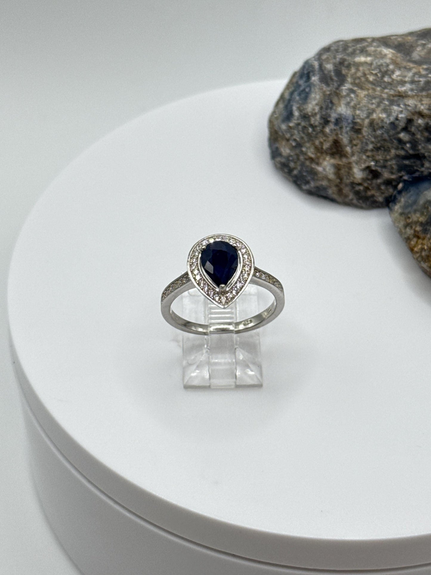 Pear Sapphire Halo Ring | Sterling Silver, September Birthstone (Size 7.5)