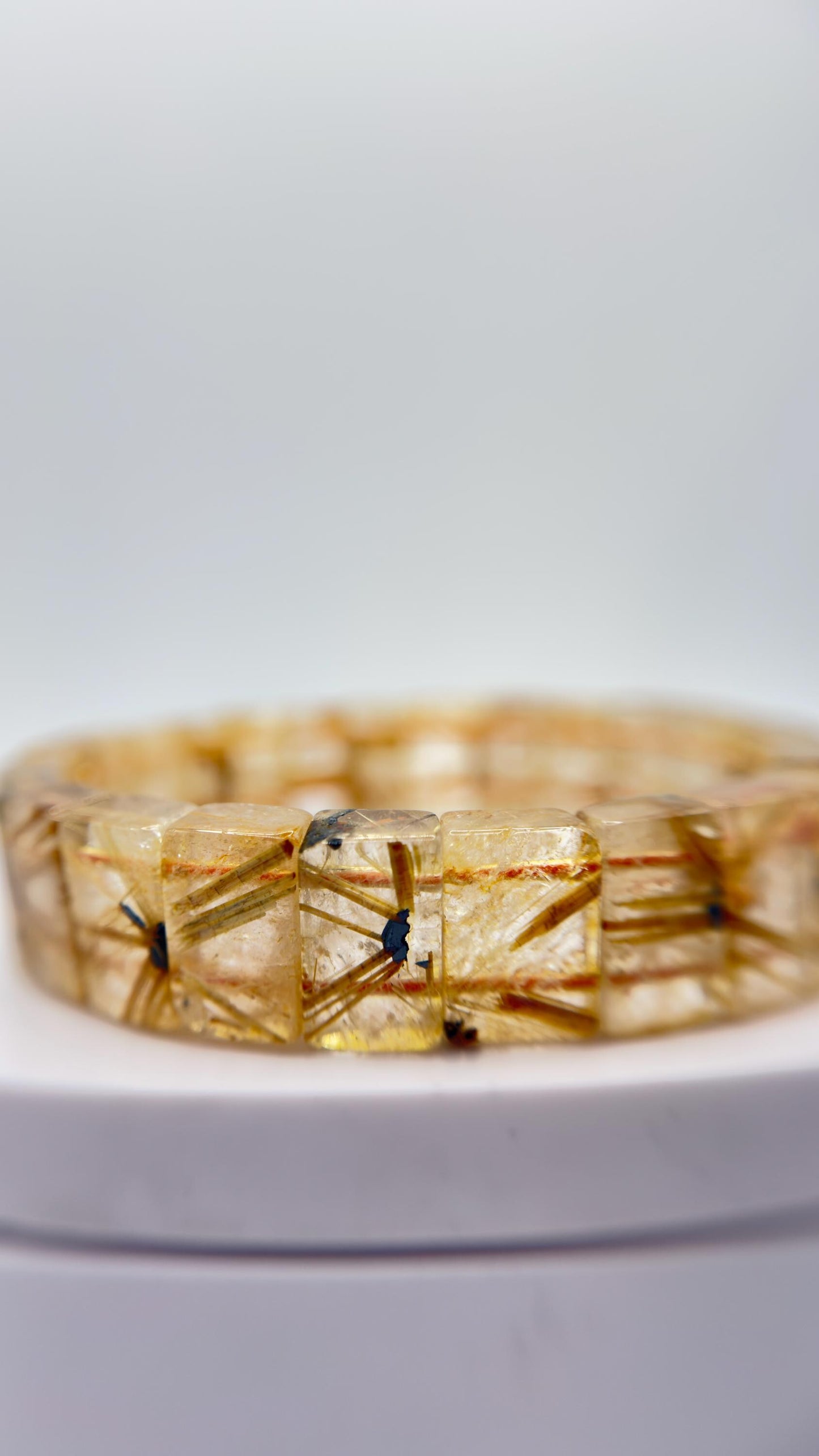 Golden Rutilated Quartz Tile Bracelet – Natural Gemstone Stretch Jewelry